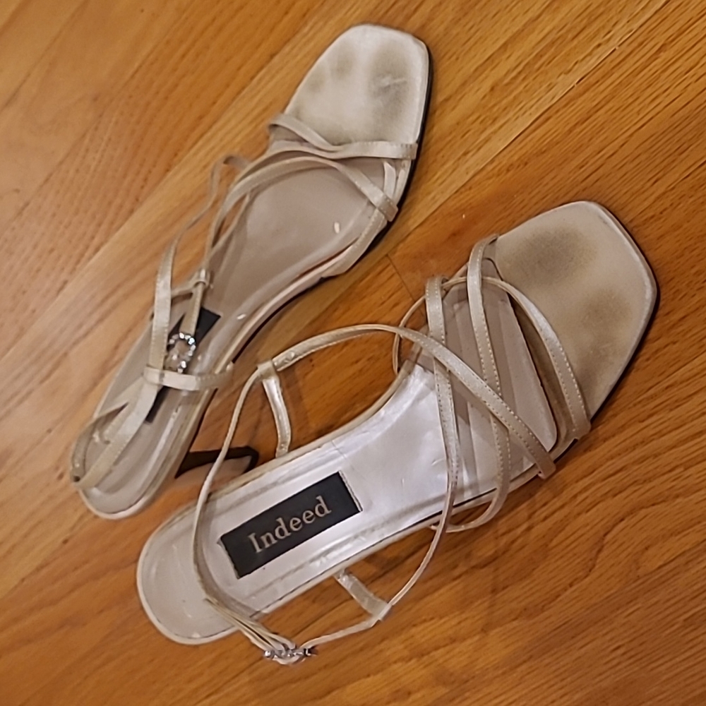 Indeed gold strappy high heel sandals with rhinestone buckle size 8